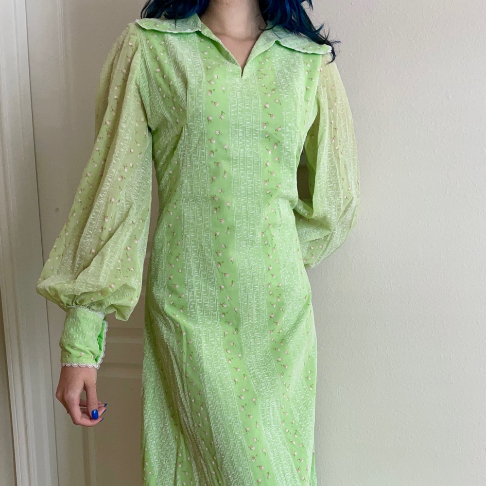 Vintage 1970’s Handmade Light Green Floral Gunne Sax Style Prairie Dress